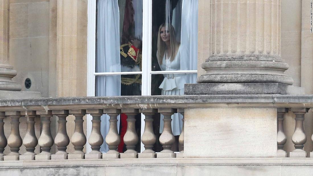 Trump&#39;s daughter Ivanka, who is also advisor to the President, looks out of a window at Buckingham Palace.