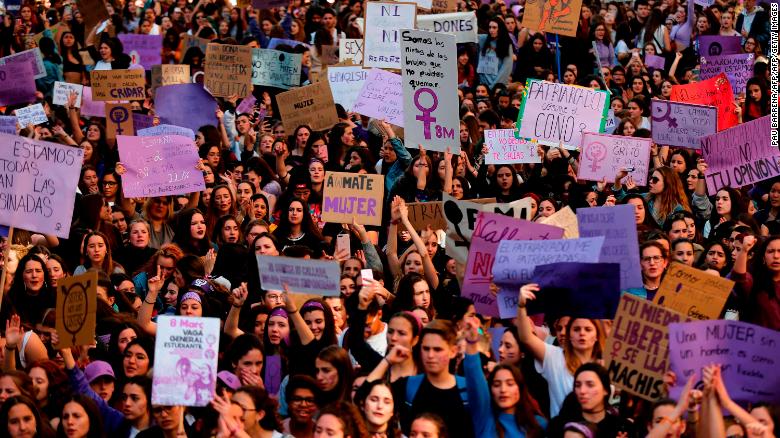 Student protesters march during a demonstration marking International Women&#39;s Day in Barcelona on March 8, 2019.