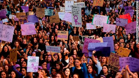 Student protesters march during a demonstration marking International Women&#39;s Day in Barcelona on March 8, 2019.