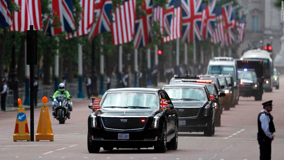 The President&#39;s convoy drives down Pall Mall in London on June 3.