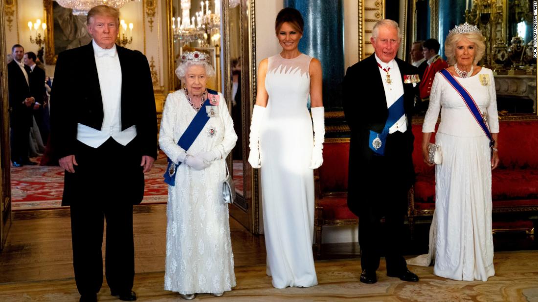 Trump stands next to Queen Elizabeth II before &lt;a href=&quot;https://www.cnn.com/2019/06/04/politics/donald-trump-queen-elizabeth-state-banquet/index.html&quot; target=&quot;_blank&quot;&gt;a state banquet at Buckingham Palace&lt;/a&gt; on Monday, June 3. Joining them are Melania Trump, Prince Charles and Camilla.