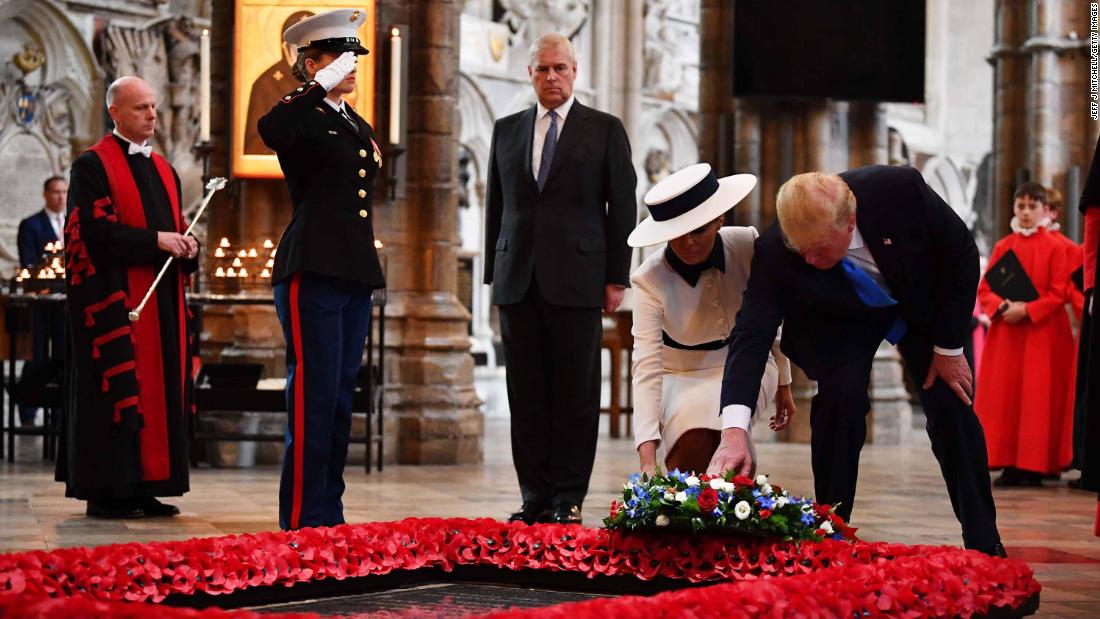 The Trumps are joined by Prince Andrew as they pay their respects at the Tomb of the Unknown Warrior in Westminster Abbey.