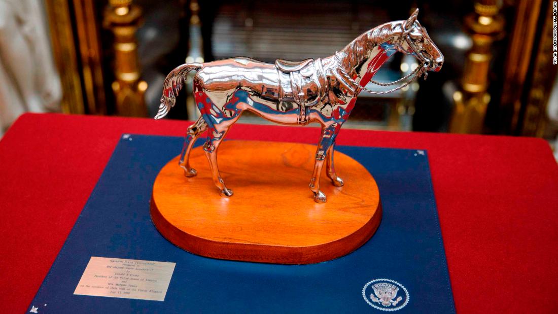 Among the items on display was &quot;American Pewter Thoroughbred,&quot; a gift that Trump gave the Queen last year.