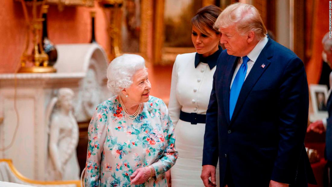 Queen Elizabeth II welcomes the Trumps to Buckingham Palace. She took them on a tour of the royal collection.