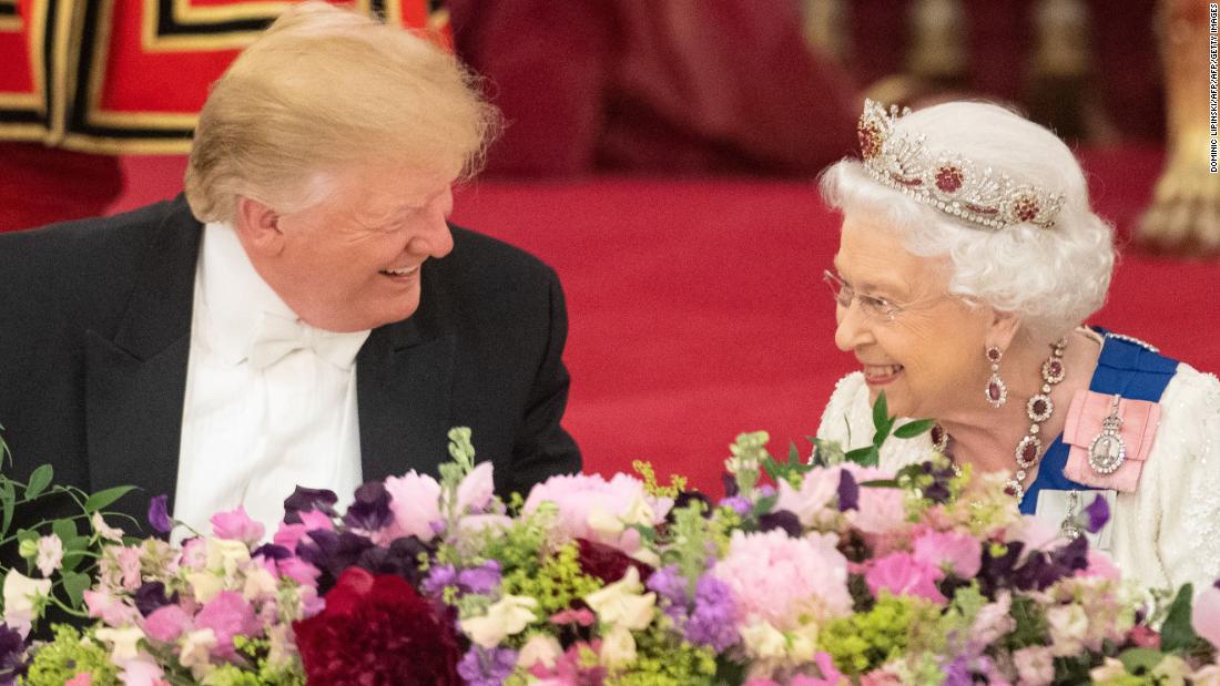 Trump and the Queen laugh during the state banquet.