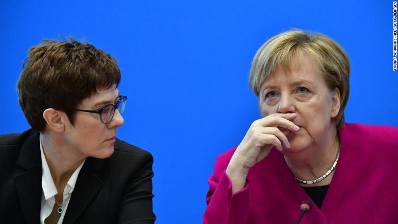 Merkel (R) with Kramp-Karrenbauer at CDU headquarters in October.