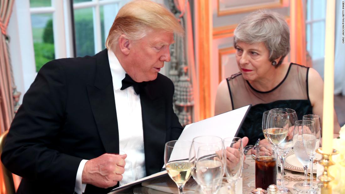 Trump and British Prime Minister Theresa May speak at the dinner on June 4.