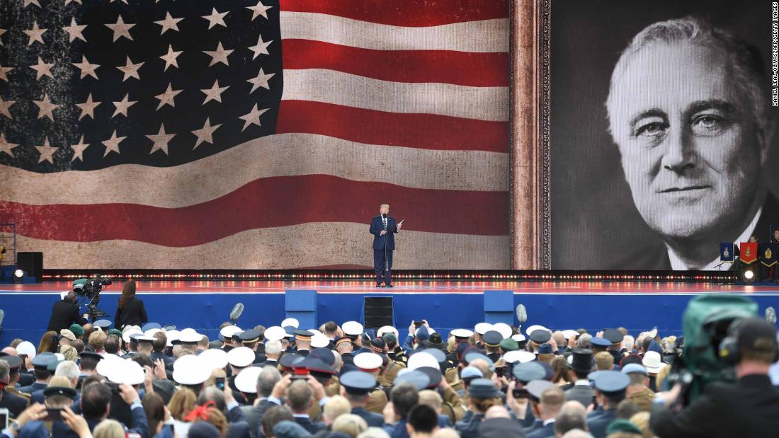 At a D-Day event held Wednesday, June 5, in Portsmouth, England, Trump reads a prayer that President Franklin D. Roosevelt gave over the radio on D-Day.