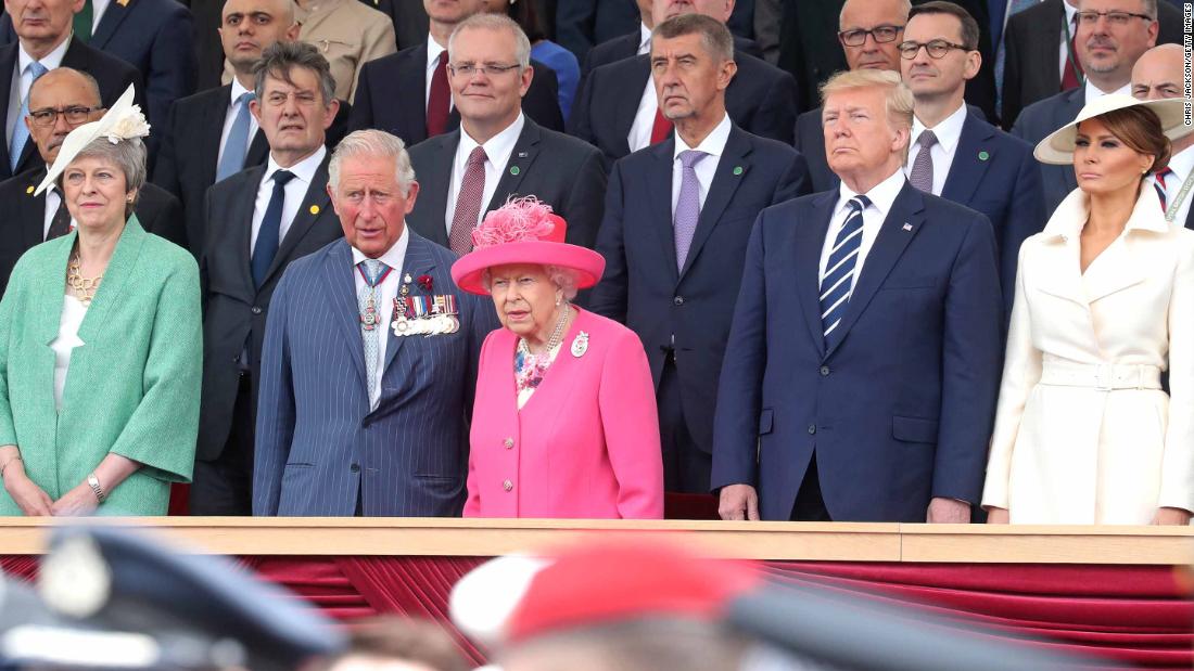 Britain&#39;s Queen Elizabeth II and Prince Charles play host to the Trumps at the D-Day event in Portsmouth. British Prime Minister Theresa May is at left.