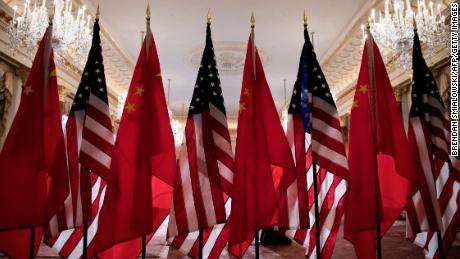 US and Chinese flags are seen as Secretary of State Mike Pompeo and China&#39;s Foreign Minister Wang Yi  meet at the US Department of State May 23, 2018 in Washington, DC. (Photo by Brendan Smialowski / AFP)        (Photo credit should read BRENDAN SMIALOWSKI/AFP/Getty Images)