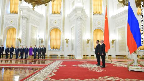 Russian President Vladimir Putin and Chinese President Xi Jinping at the Kremlin on June 5.