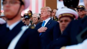 President Donald Trump participates in a ceremony to commemorate the 75th anniversary of D-Day at the American Normandy cemetery, Thursday, June 6, 2019, in Colleville-sur-Mer, Normandy, France. (AP Photo/Alex Brandon)