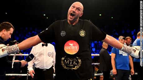 MANCHESTER, ENGLAND - JUNE 09:  Tyson Fury celebrates victory over Sefer Seferi after there heavyweight contest at Manchester Arena on June 9, 2018 in Manchester, England.  (Photo by Justin Setterfield/Getty Images)