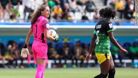 Jamaica goalkeeper Sydney Schneider, left, holds the ball during the Women&#39;s World Cup Group C soccer match between Brazil and Jamaica on Sunday.