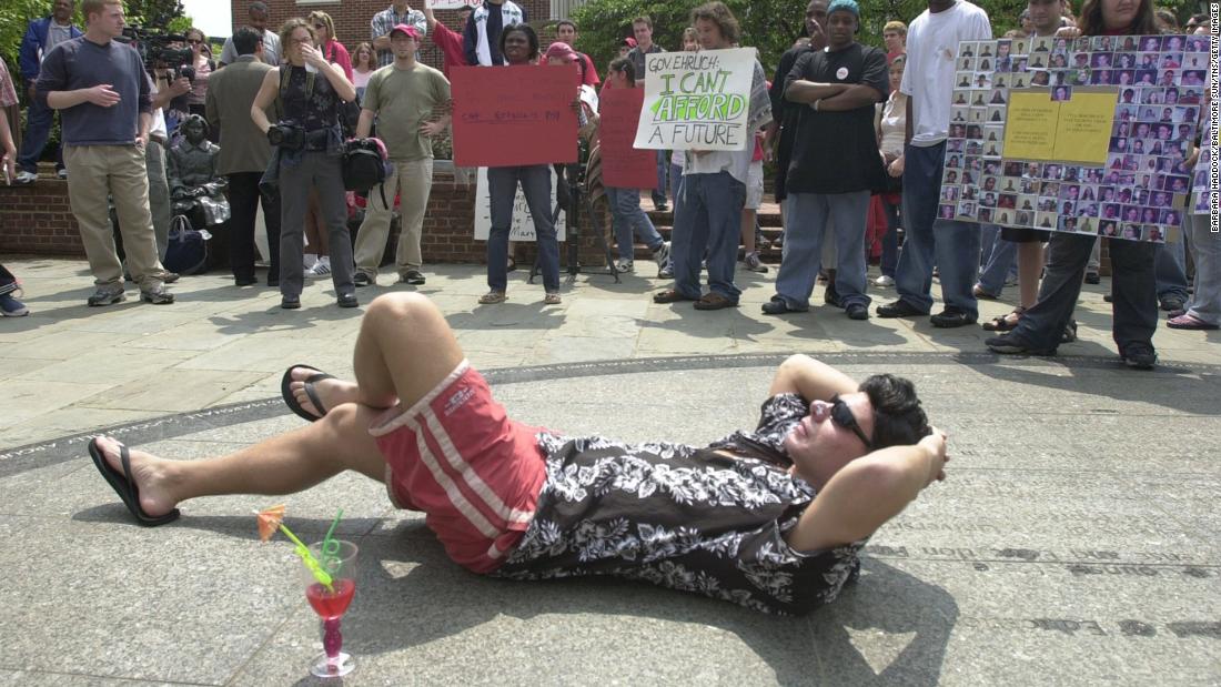 In 2003, Swalwell and other students from the University of Maryland protest state budget cuts to higher education. Swalwell&#39;s beach attire was a reference to Maryland Gov. Robert Ehrlich, who was on vacation at the time.