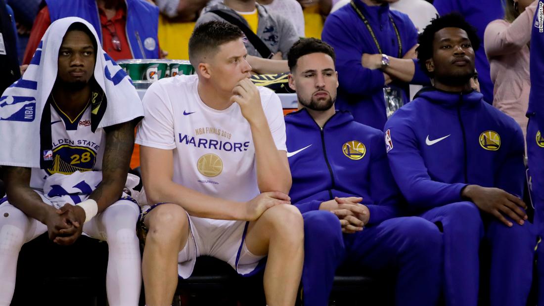 Thompson, second from right, sat out Game 3 with a hamstring injury. He was one of several Warriors who missed time during the series. Center Kevon Looney fractured cartilage in his chest in Game 2 and didn&#39;t return until Game 5. And Durant, of course, missed most of the series. 