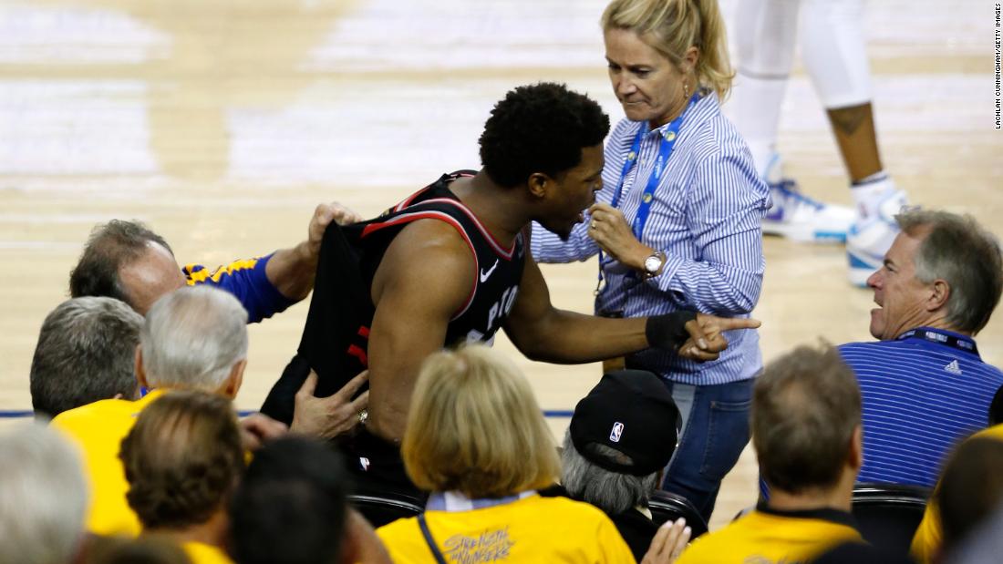 Lowry argues with Mark Stevens, a Warriors investor who pushed him in Game 3 after Lowry jumped into the seats for a loose ball. Stevens was fined $500,000 for &lt;a href=&quot;https://www.cnn.com/2019/06/06/sport/kyle-lowry-pushed-by-warriors-investor-mark-stevens-spt-intl/index.html&quot; target=&quot;_blank&quot;&gt;the altercation&lt;/a&gt; and banned from Oracle Arena for a year.