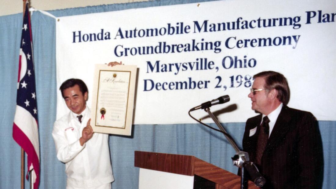Ohio State Senator Theodore Gray and Honda Motor President Kiyoshi Kawashima attend the Marysville auto plant groundbreaking ceremony in 1980.