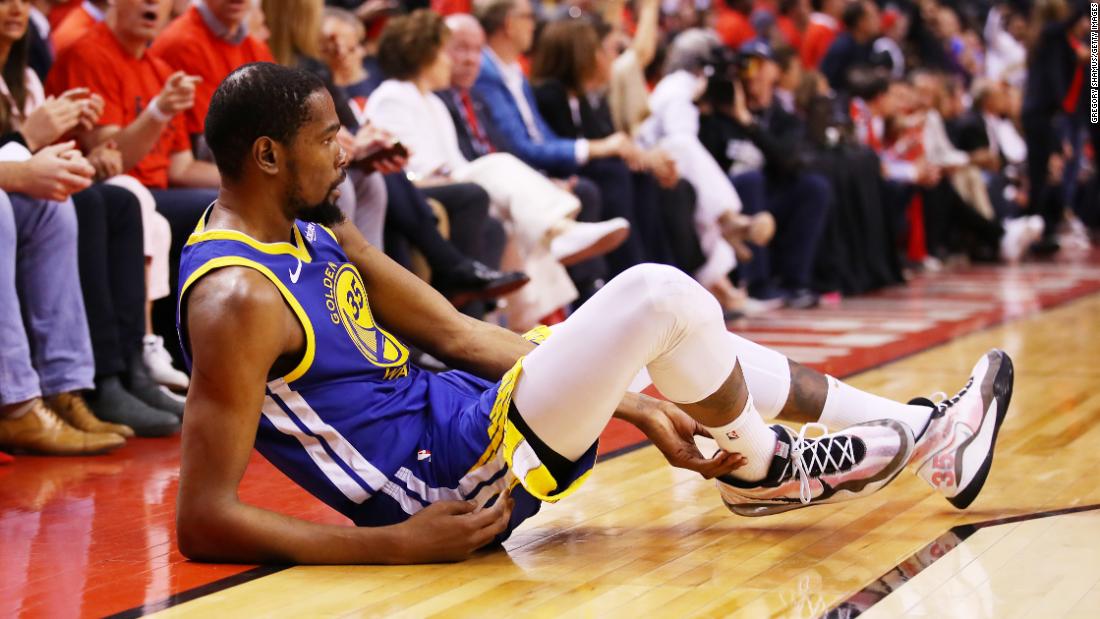 Durant, playing in his first game since injuring his calf in the Western Conference semifinals, went down in the second quarter of Game 5. He left the game and wouldn&#39;t return. Days later, it was confirmed that he had ruptured his Achilles tendon.