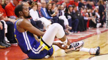 Kevin Durant was injured  Monday against the Toronto Raptors in the NBA Finals.