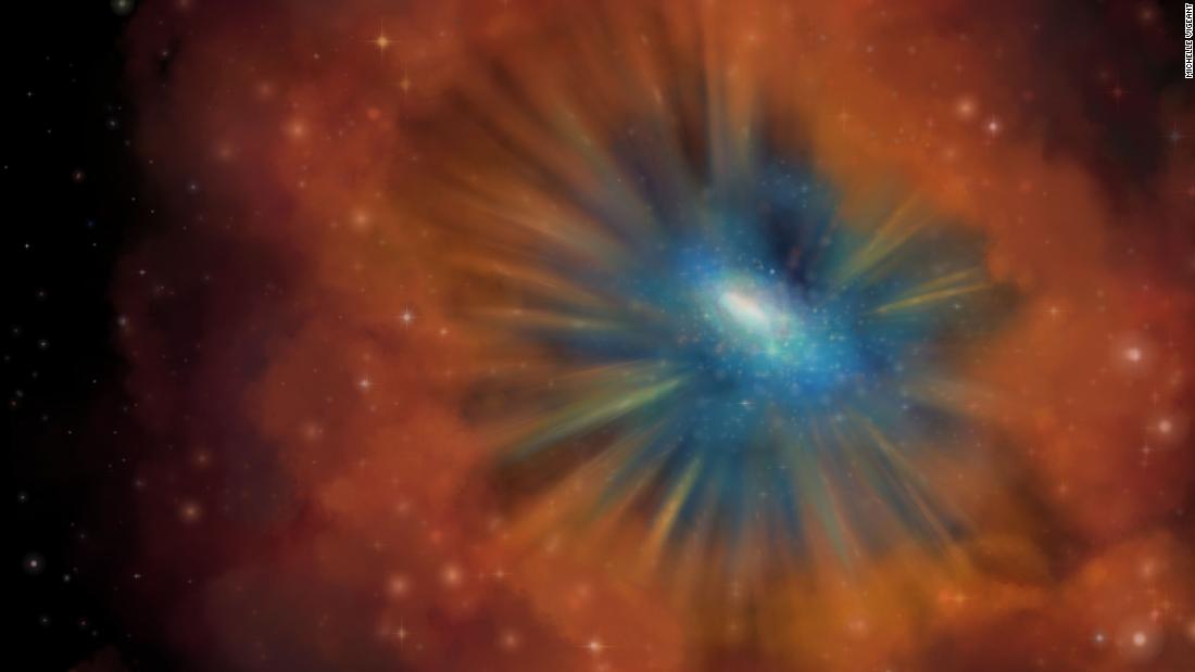 This artist&#39;s illustration shows a blue quasar at the center of a galaxy.