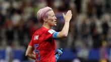 REIMS, FRANCE - JUNE 11: Megan Rapinoe of the USA celebrates following her sides victory in the 2019 FIFA Women&#39;s World Cup France group F match between USA and Thailand at Stade Auguste Delaune on June 11, 2019 in Reims, France. (Photo by Robert Cianflone/Getty Images)