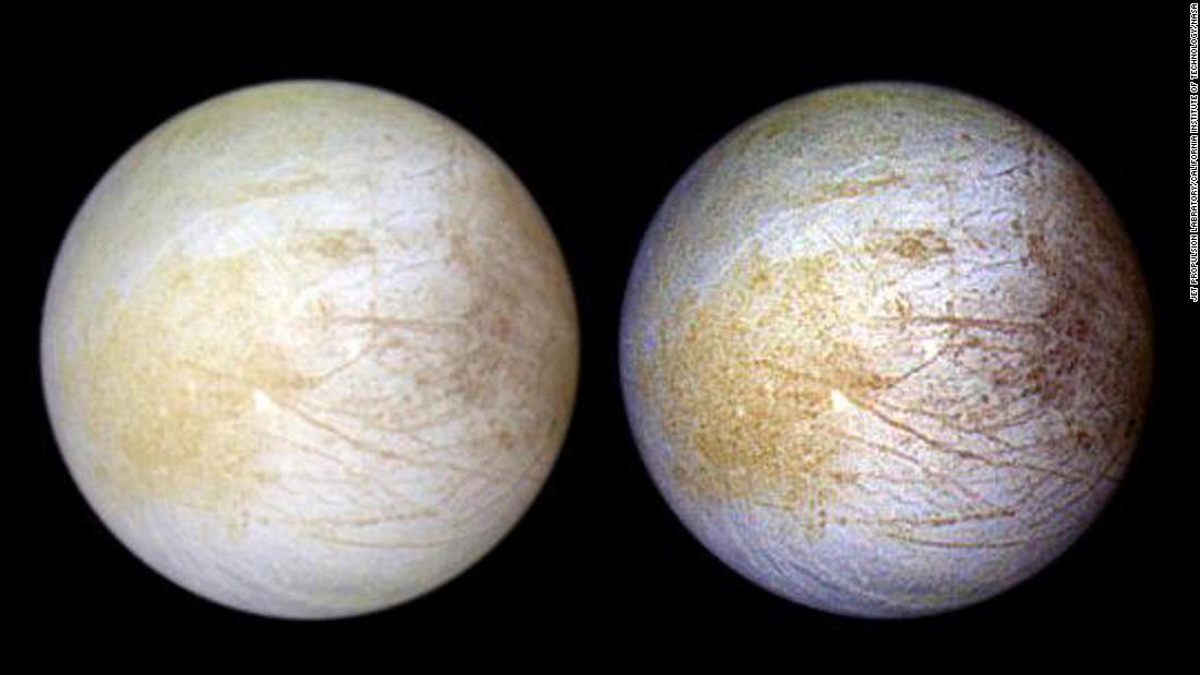 Jupiter&#39;s moon Europa, which has a subsurface ocean beneath an icy crust, has also been found to contain table salt. Tara Regio is the yellowish area to left of center where researchers identified an abundance of sodium chloride. 