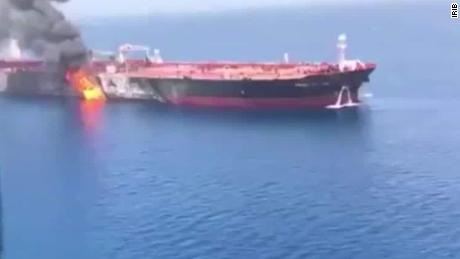 Video shows fiery aftermath of suspected attack on tanker