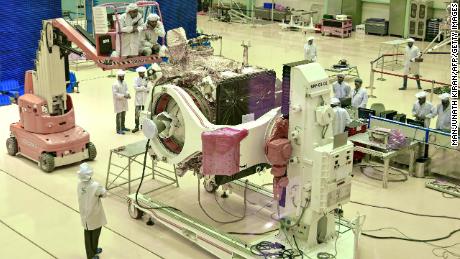 Scientists work on the orbiter vehicle of &quot;Chandrayaan-2&quot; for India&#39;s first moon lander and rover mission.