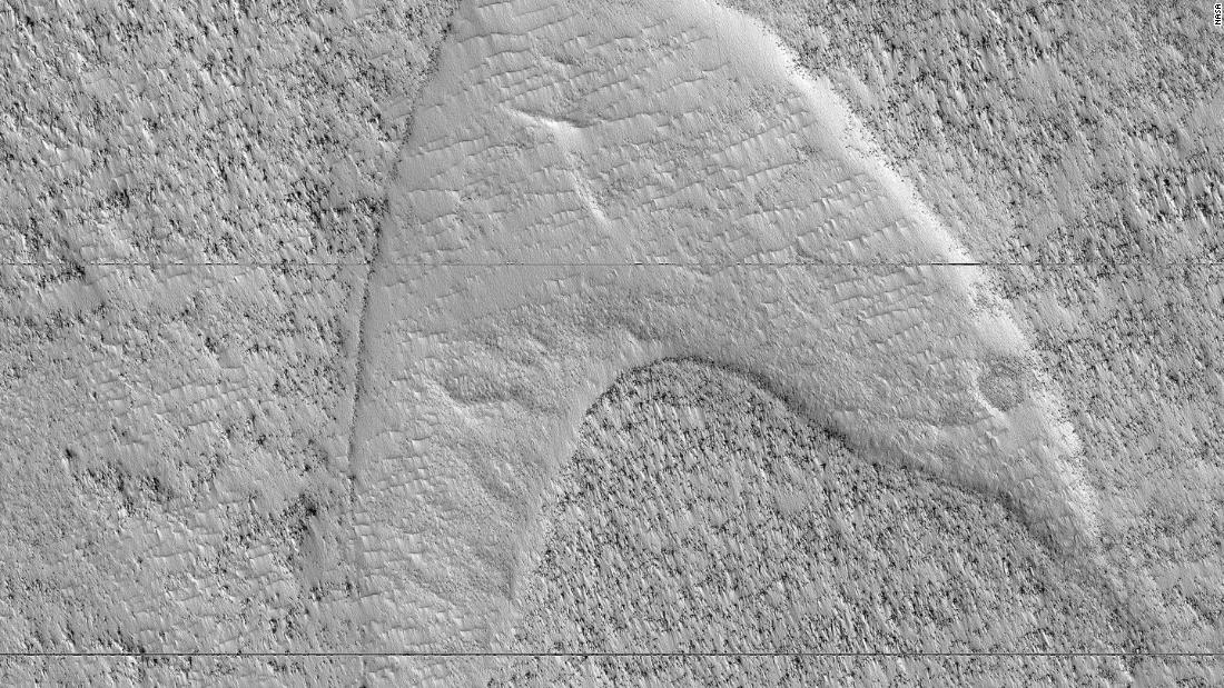 Cooled lava helped preserve a footprint of where dunes once moved across a southeastern region on Mars. But it also looks like the &quot;Star Trek&quot; symbol.