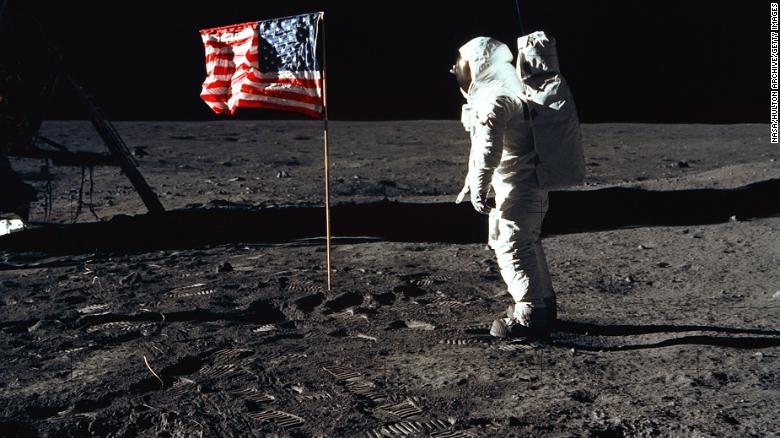 Apollo 11 astronaut Edwin "Buzz" Aldrin salutes the American flag on the surface of the moon on July 20, 1969. Aldrin was the second man to ever step foot on the lunar surface. The first was Neil Armstrong, Apollo 11's mission commander.