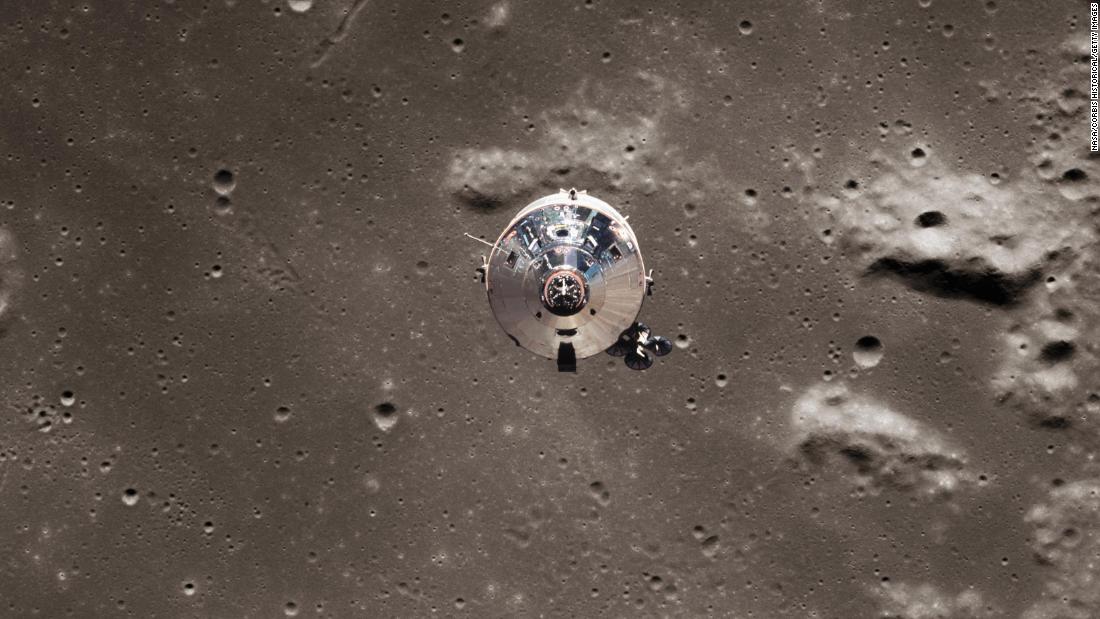 The Apollo 11 spacecraft consisted of a command module, Columbia, and a lunar module, Eagle. This photo, taken from the Eagle lunar module, shows the Columbia command module pulling away near the lunar surface.