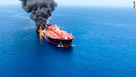 An oil tanker is on fire in the sea of Oman, Thursday, June 13, 2019. 