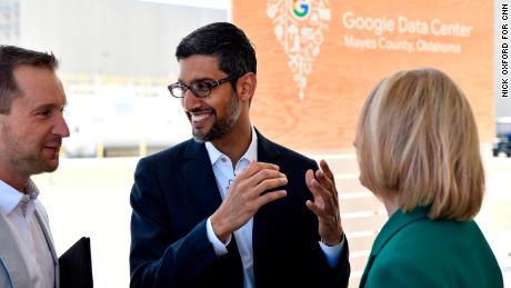 Google CEO Sundar Pichai (C) speaks with guests during an event the Mayes County Google Data Center in Pryor, Oklahoma, June 13, 2019. Nick Oxford for CNN