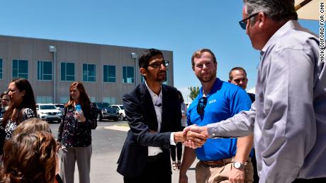 Google CEO Sundar Pichai greets attendees during an event at the Mayes County Google Data Center in Pryor, Oklahoma, June 13, 2019. Nick Oxford for CNN