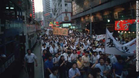 A pro-democracy demonstration in Victoria Park in Causeway Bay, Hong Kong, to show solidarity with victims of the massacre on Tiananmen Square in Beijing in 1989.