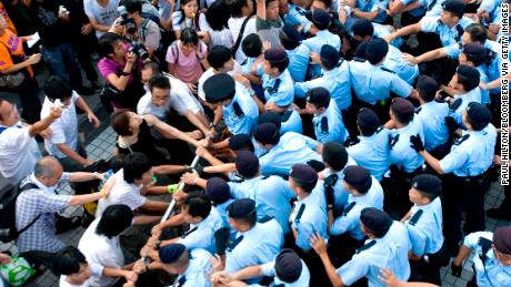 Protesters clash with police at Queen&#39;s Pier in Hong Kong, China, in August, 2007.