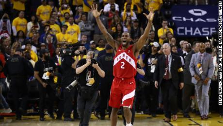 Kawhi Leonard celebrates his teams win over the Golden State Warriors in Game Six.