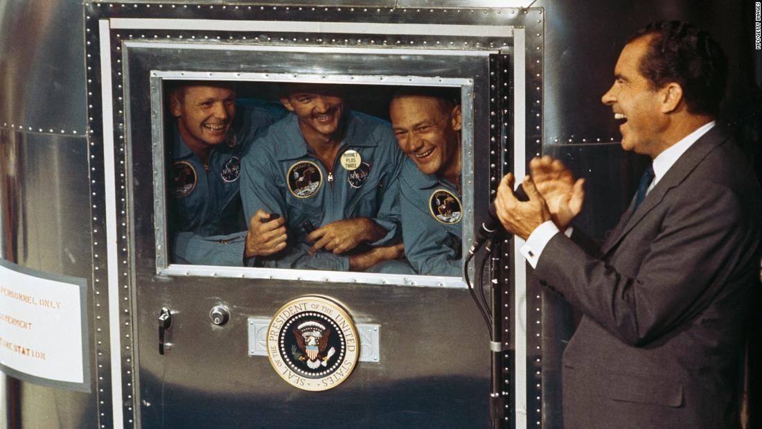 President Nixon spends time with the astronauts, who were in a quarantine trailer for their first few days back on Earth. From left are Armstrong, Collins and Aldrin. Since Apollo 11, only 10 other men have walked on the moon. The last was in 1972.