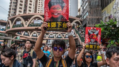 Protesters demonstrate against the now-suspended extradition bill on June 16, 2019 in Hong Kong.