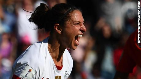 United States&#39; forward Carli Lloyd celebrates after scoring a goal during the France 2019 Women&#39;s World Cup Group F football match between USA and Chile, on June 16, 2019, at the Parc des Princes stadium in Paris. (Photo by FRANCK FIFE / AFP)        (Photo credit should read FRANCK FIFE/AFP/Getty Images)