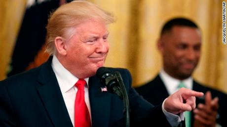 President Donald Trump gestures into the audience as he speaks about second chance hiring in the East Room of the White House, Thursday June 13, 2019, in Washington. (AP Photo/Jacquelyn Martin)