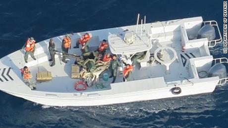 Photo taken by a crewman on an MH-60R with a handheld camera on Jun 13, 2019 Imagery taken from a U.S. Navy MH-60R helicopter of the Islamic Revolutionary Guard Corps Navy after removing an unexploded limpet mine from the M/T Kokuka Courageous.