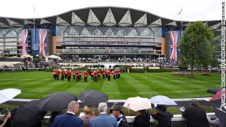 The Band of the Coldstream Guards performs for the crowds at Royal Ascot.