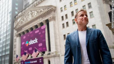 Stewart Butterfield, Slack&#39;s CEO and cofounder, outside the New York Stock Exchange before its Wall Street debut.