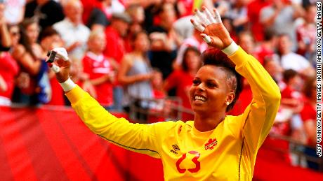 VANCOUVER, BC - JUNE 21:  Karina LeBlanc #23 of Canada waves to the fans after Canada&#39;s win at the FIFA Women&#39;s World Cup Canada 2015 Round 16 match between Switzerland and Canada June 21, 2015 at BC Place Stadium in Vancouver, British Columbia, Canada. Canada won 1-0.  (Photo by Jeff Vinnick/Getty Images)