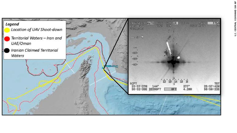 This image released by the U.S. military's Central Command shows what it describes as the flight path and the site where Iran shot down a US drone in the Strait of Hormuz on Thursday, June 20, 2019.