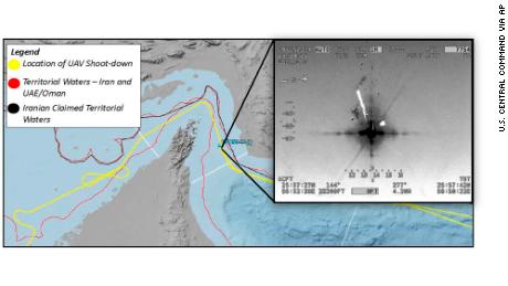 This image released by the U.S. military&#39;s Central Command shows what it describes as the flight path and the site where Iran shot down a US drone in the Strait of Hormuz on Thursday, June 20, 2019.