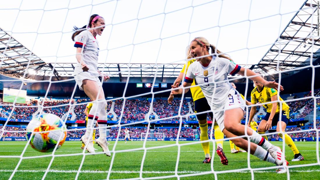 Horan, right, scored the opening goal against Sweden in the third minute. At left is US midfielder Rose Lavelle. The Americans didn't allow a goal in their three group matches, winning them by a combined score of 18-0.
