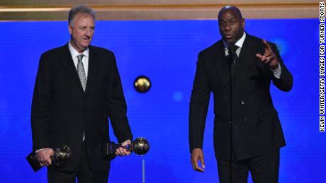 Larry Bird and Magic Johnson accept the Lifetime Achievement Awards onstage during the 2019 NBA Awards.